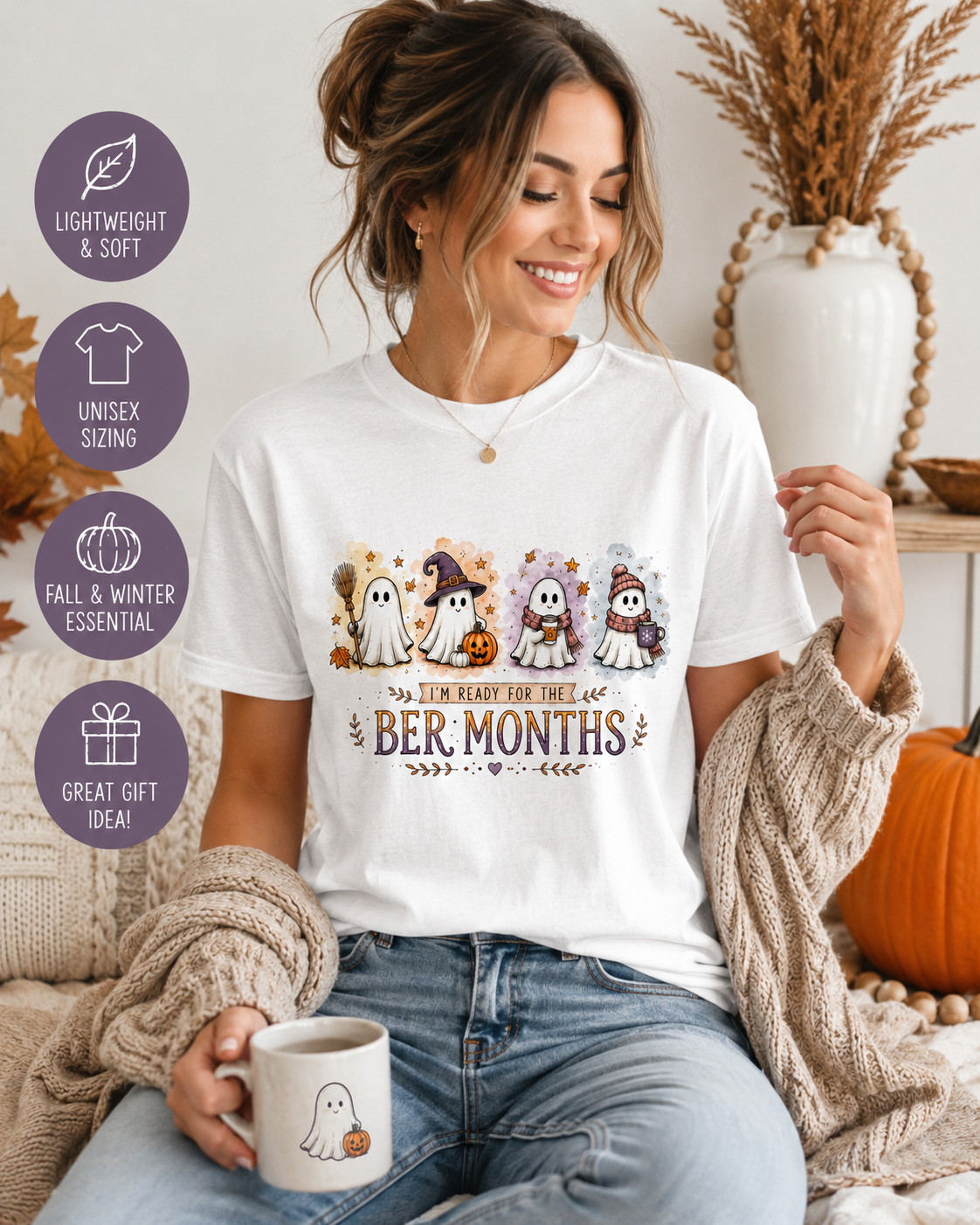 Woman wearing white I’m Ready for the ’Ber Months ghost T-shirt by TFTB Studio