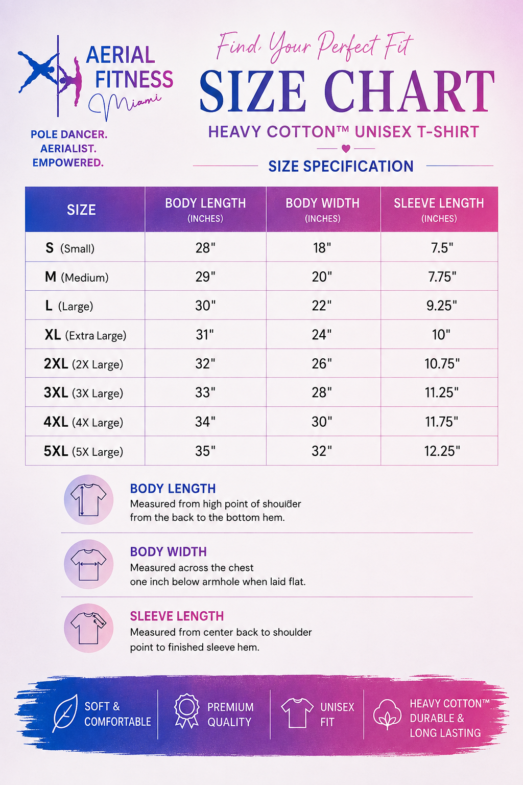 Aerial Fitness Miami unisex T-shirt size chart sizes S through 5XL
