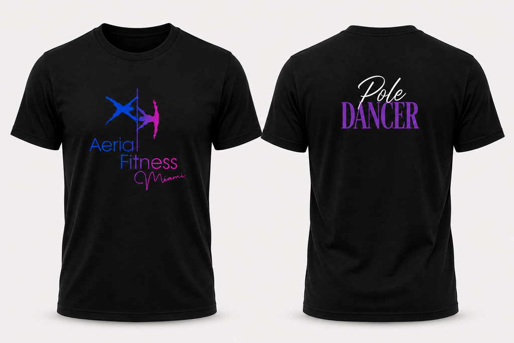 Front and back view of Aerial Fitness Miami Pole Dancer black T-shirt