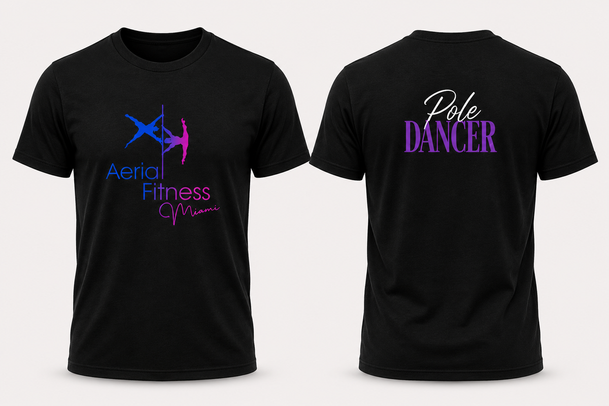 Front and back view of Aerial Fitness Miami Pole Dancer black T-shirt