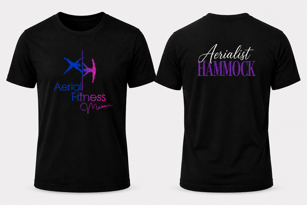 Front and back view of Aerial Fitness Miami Aerialist Hammock black T-shirt
