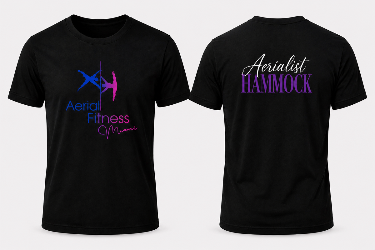 Front and back view of Aerial Fitness Miami Aerialist Hammock black T-shirt