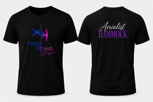 Front and back view of Aerial Fitness Miami Aerialist Hammock black T-shirt