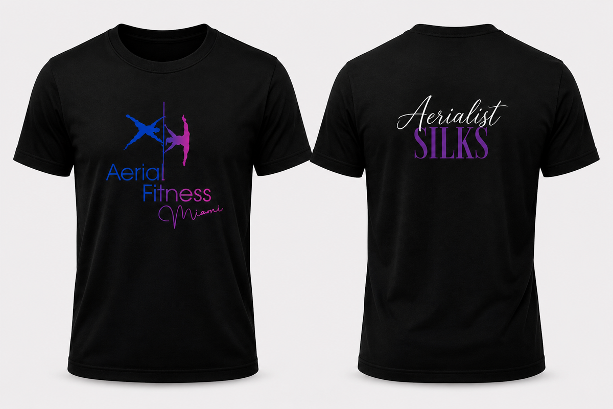“Front and back view of Aerial Fitness Miami Aerialist Silks black T-shirt