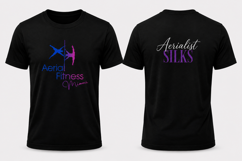 “Front and back view of Aerial Fitness Miami Aerialist Silks black T-shirt