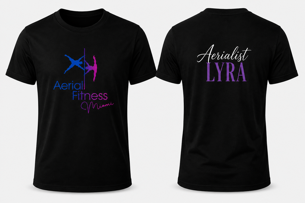 Front and back view of Aerial Fitness Miami Aerialist Lyra black T-shirt