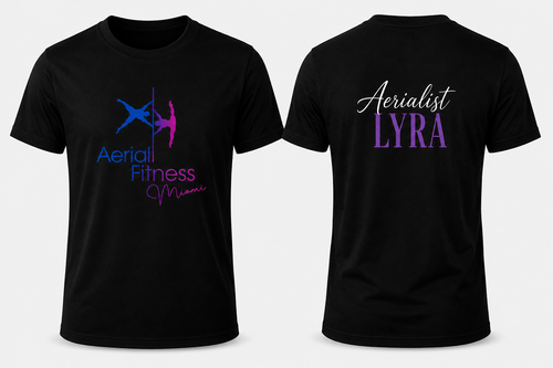 Front and back view of Aerial Fitness Miami Aerialist Lyra black T-shirt