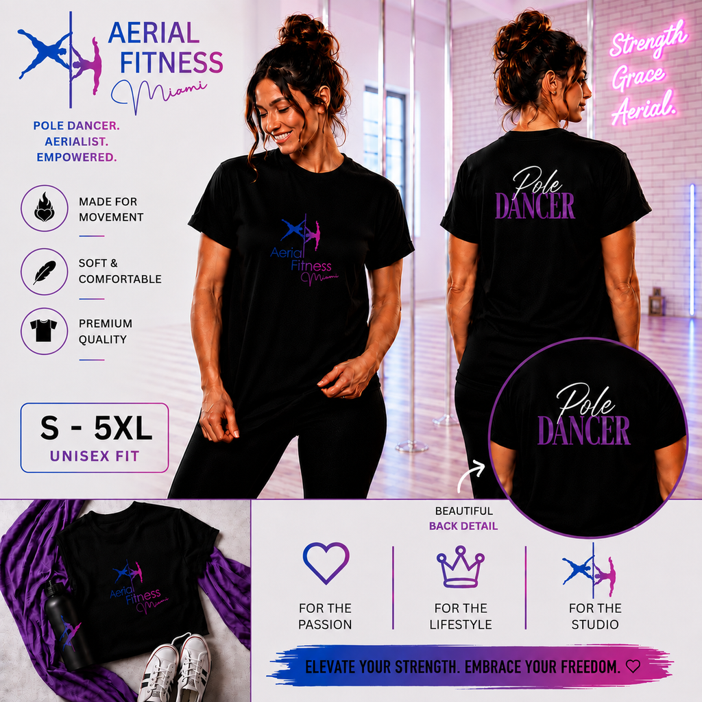 Aerial Fitness Miami Pole Dancer black unisex T-shirt with front and back designs