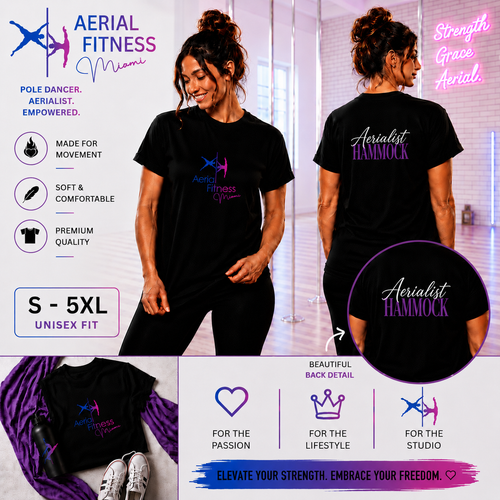 Aerial Fitness Miami Aerialist Hammock black unisex T-shirt with front and back designs