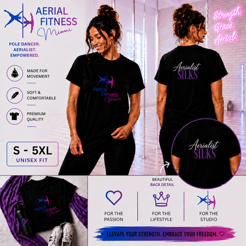 Aerial Fitness Miami Aerialist Silks black unisex T-shirt with front and back designs
