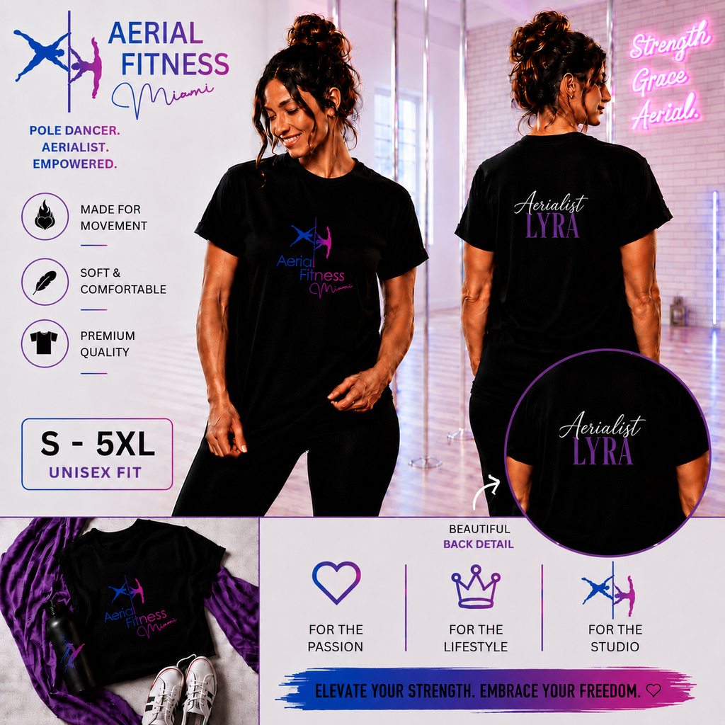 Aerial Fitness Miami Aerialist Lyra black unisex T-shirt with front and back designs