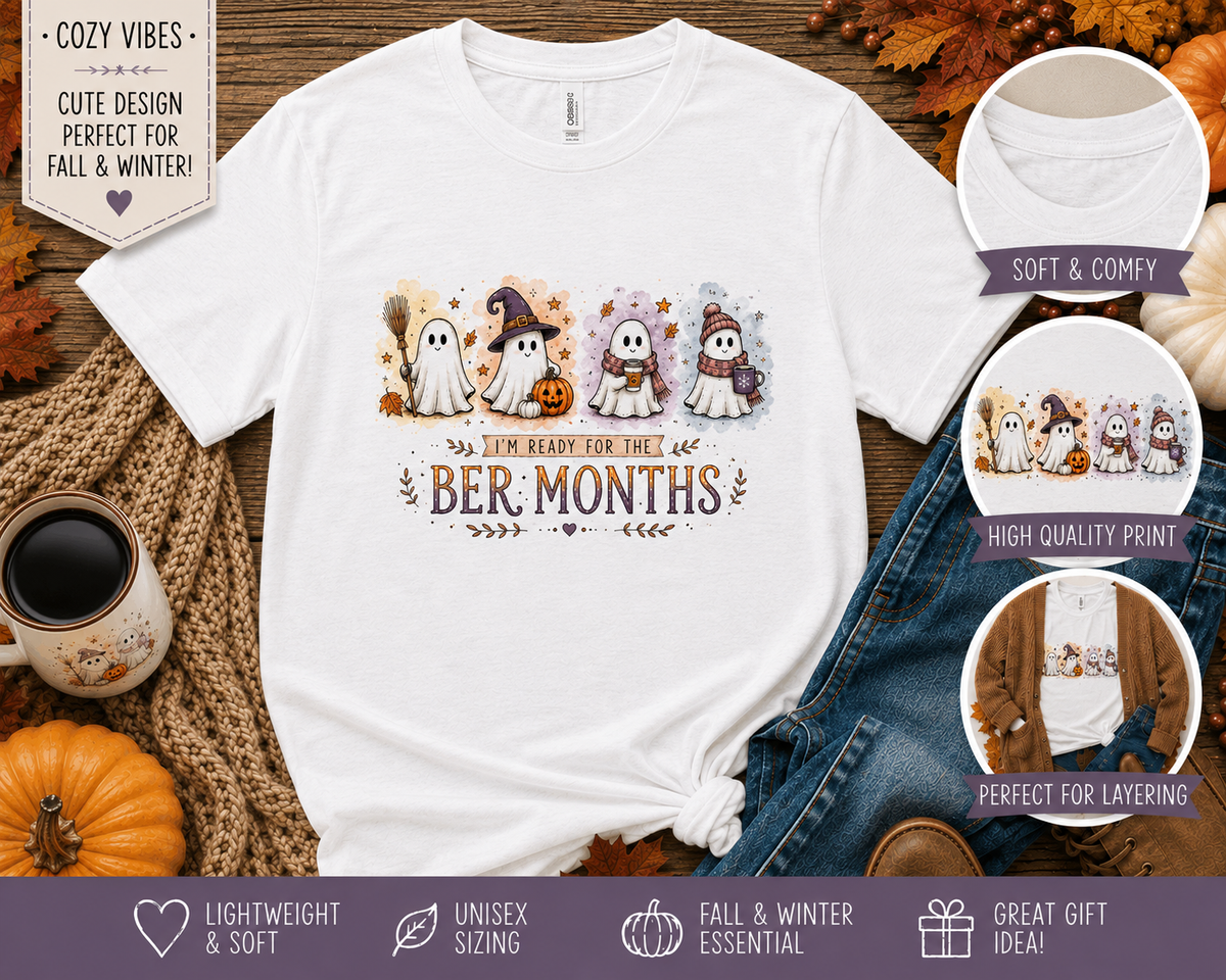 I’m Ready for the ’Ber Months ghost tee styled with pumpkins and cozy fall decor