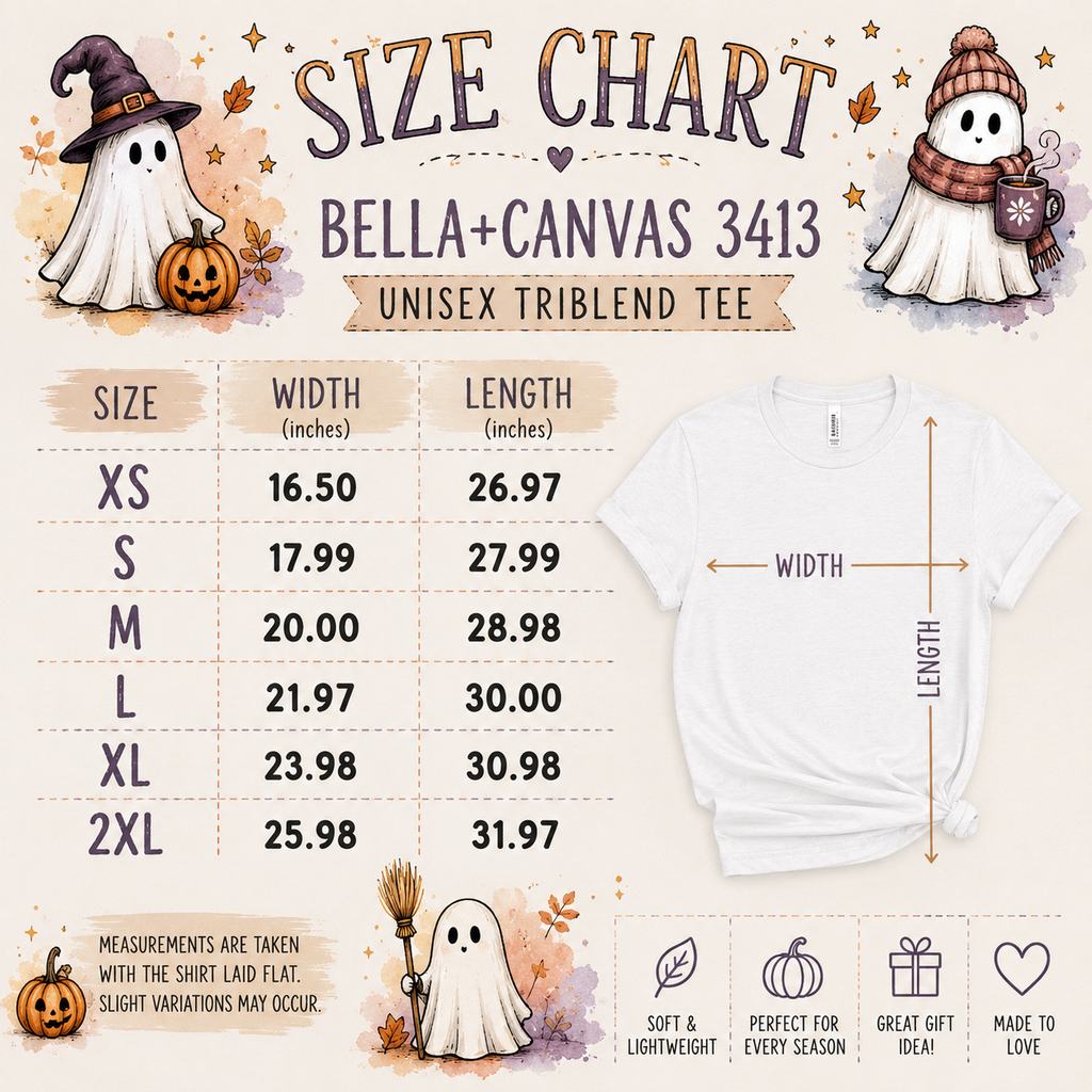 Bella Canvas 3413 unisex triblend T-shirt size chart XS through 2XL