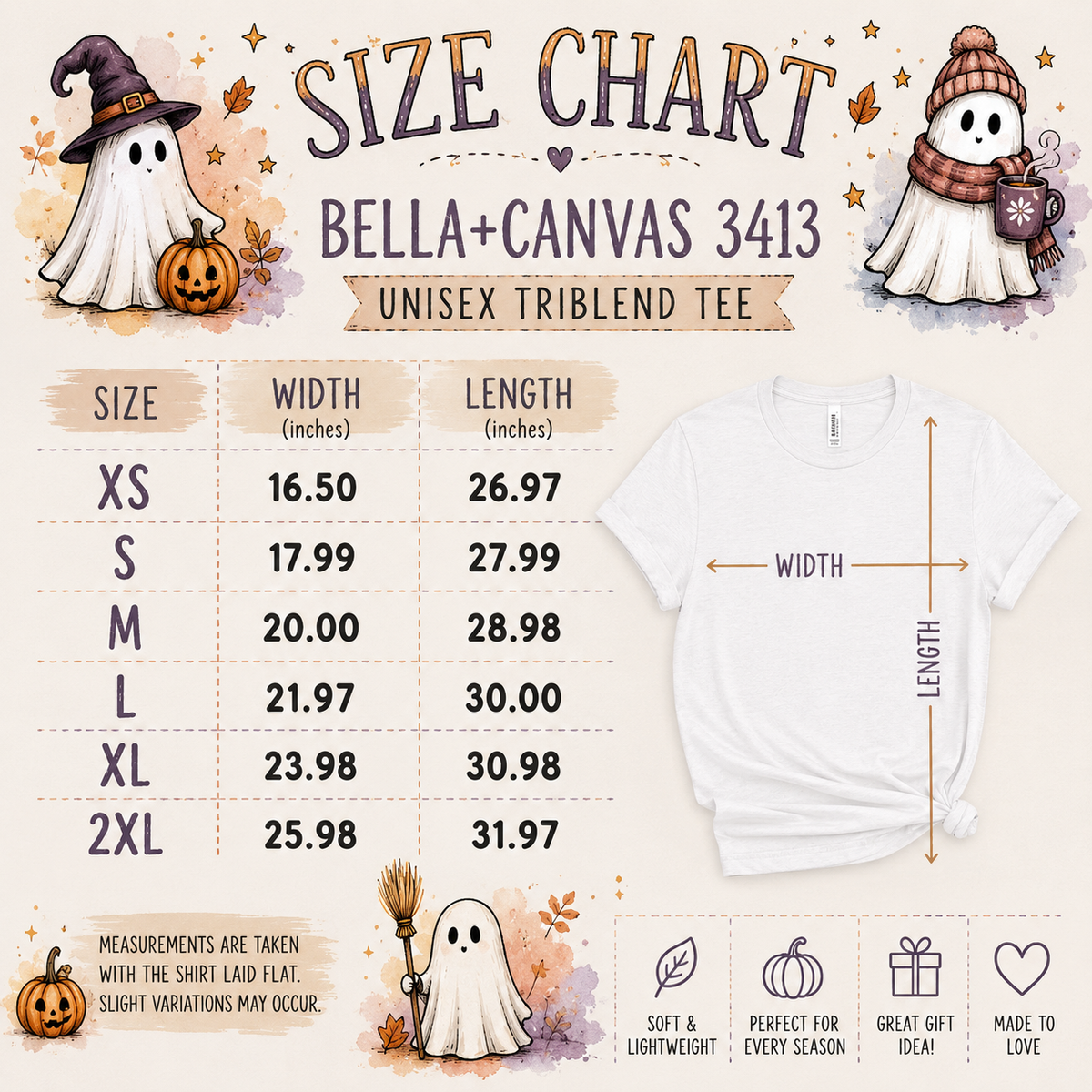 Bella Canvas 3413 unisex triblend T-shirt size chart XS through 2XL