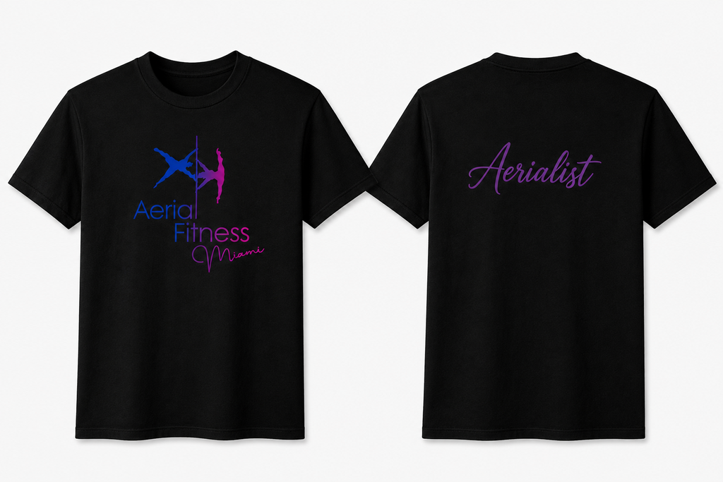 Black Aerial Fitness Miami Aerialist T-shirt shown from the front and back