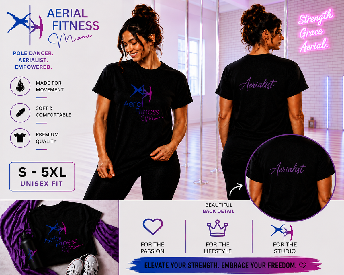 Aerial Fitness Miami Aerialist black T-shirt modeled in an aerial fitness studio