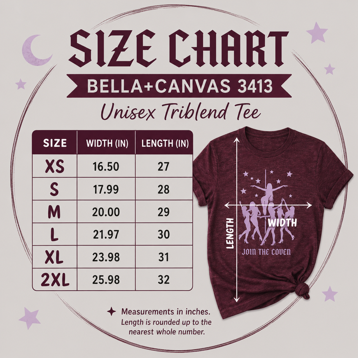 Join the Coven pole dance shirt size chart
