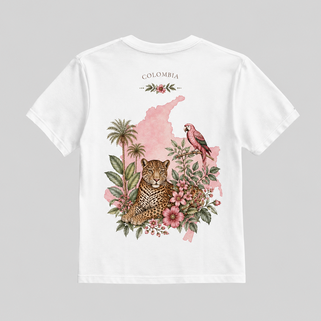 Colombia jaguar and tropical wildlife graphic T-shirt design