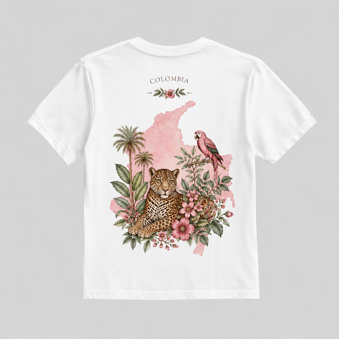 Colombia jaguar and tropical wildlife graphic T-shirt design