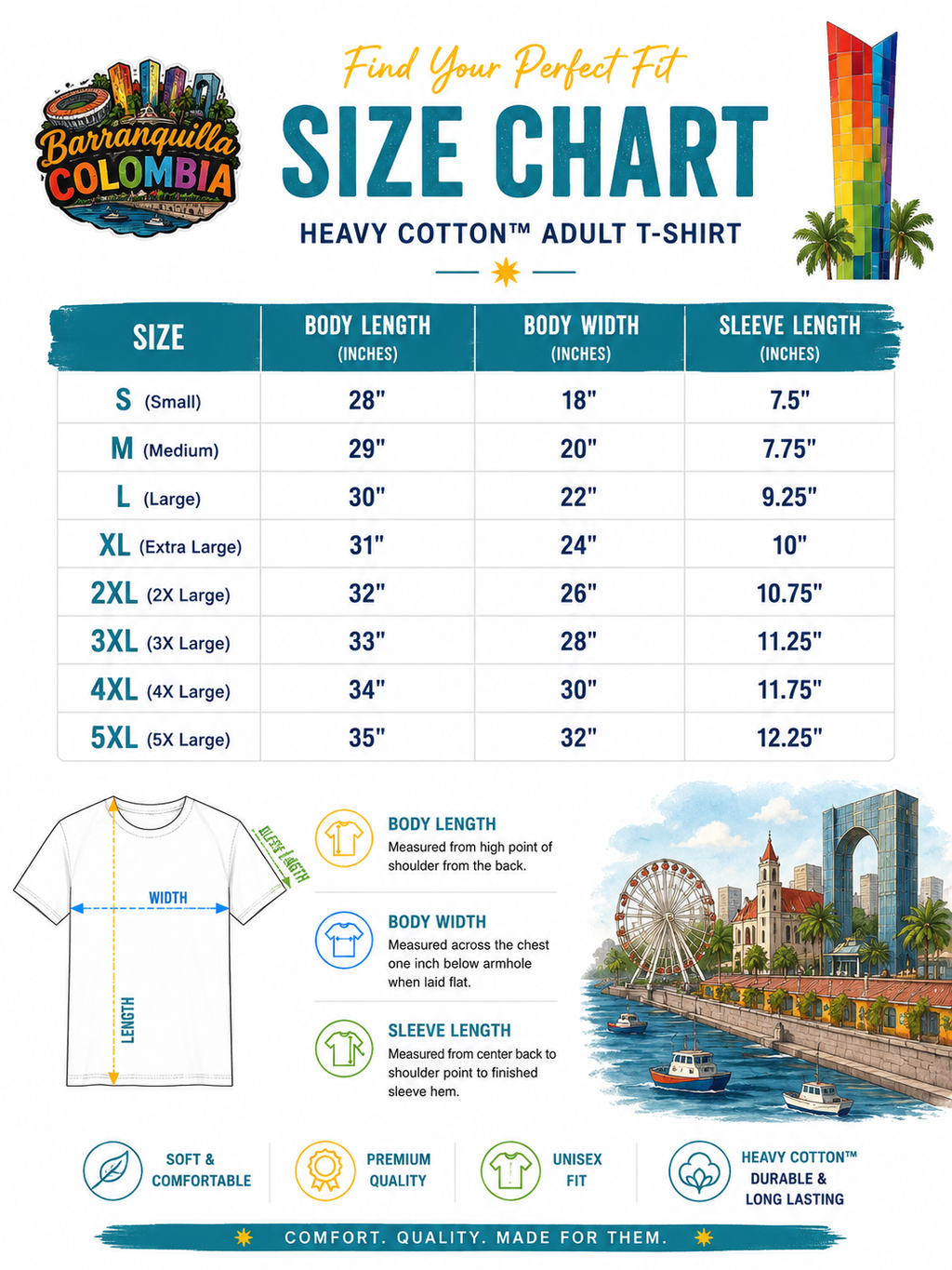 Barranquilla Colombia unisex T-shirt size chart
