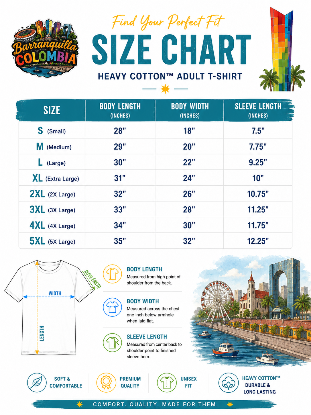 Barranquilla Colombia unisex T-shirt size chart