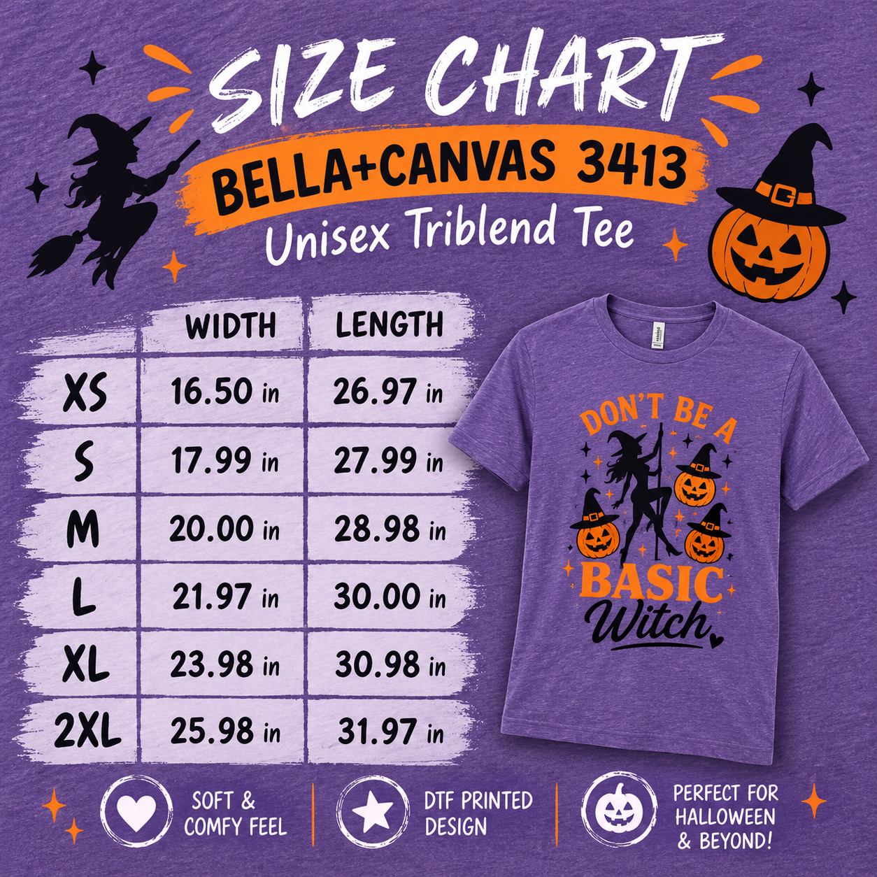 Bella Canvas 3413 unisex triblend size chart for Don’t Be a Basic Witch tee