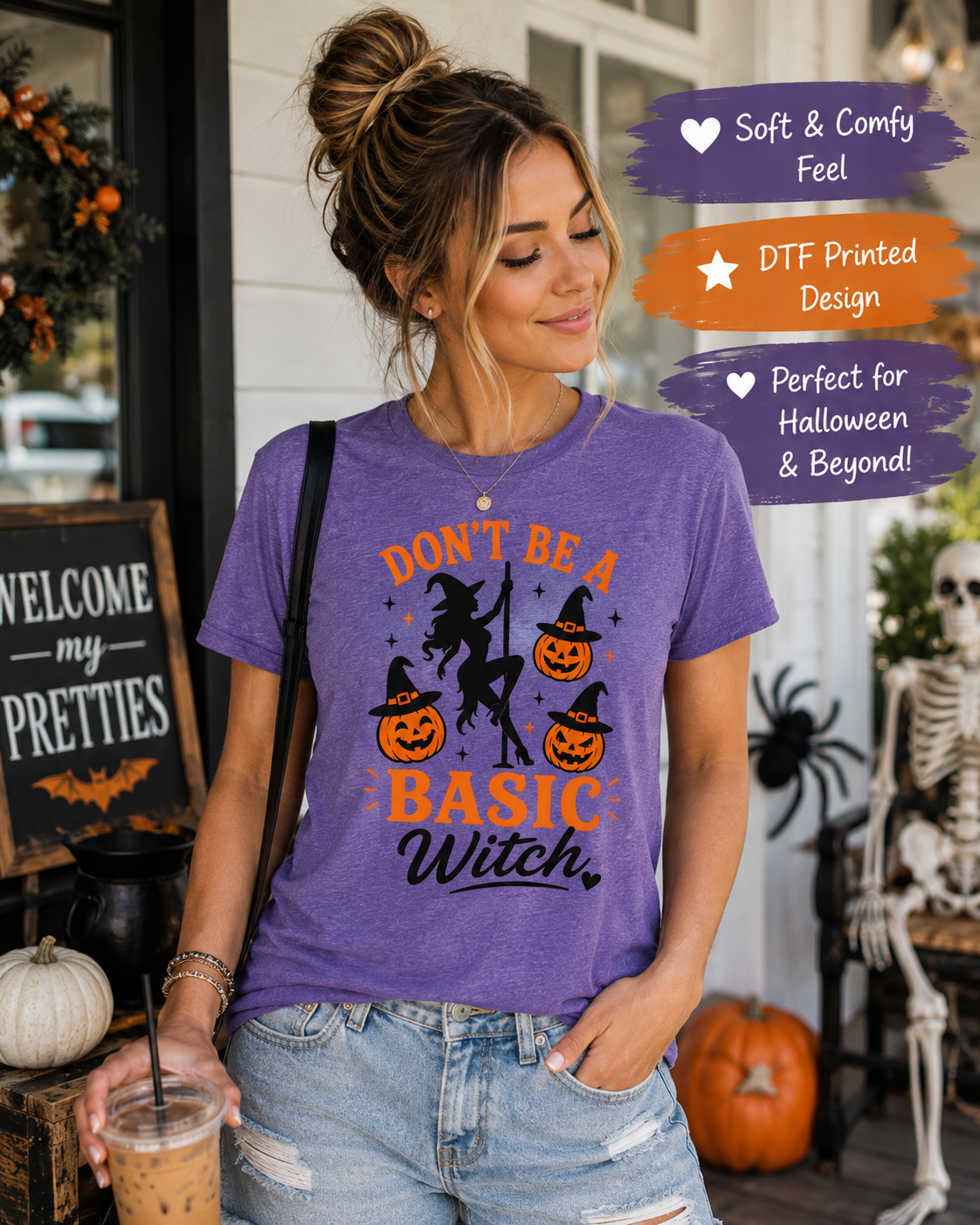 Woman wearing purple Don’t Be a Basic Witch pole dance Halloween shirt