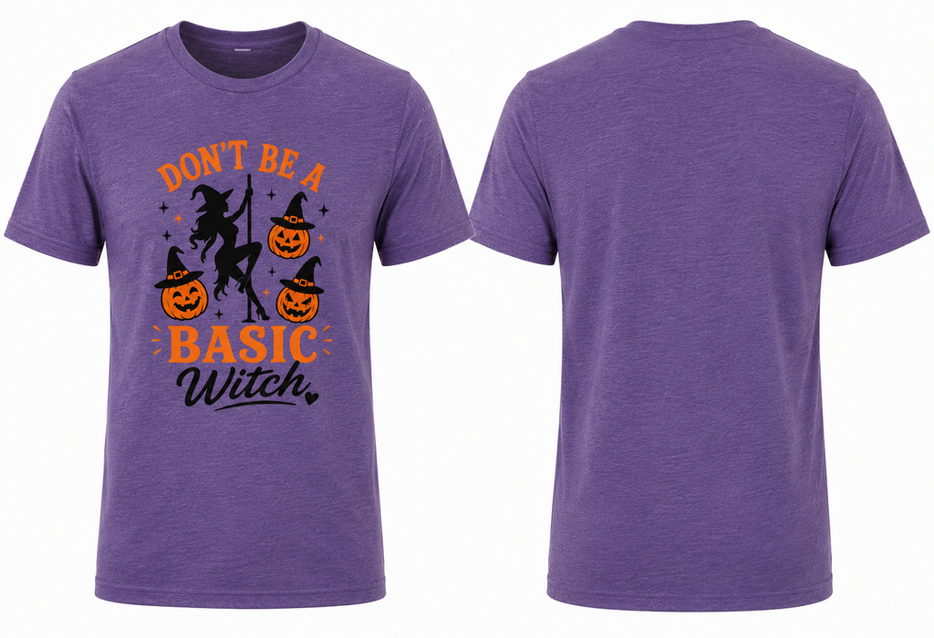 Front view of purple pole dance Halloween shirt with witch and pumpkin design